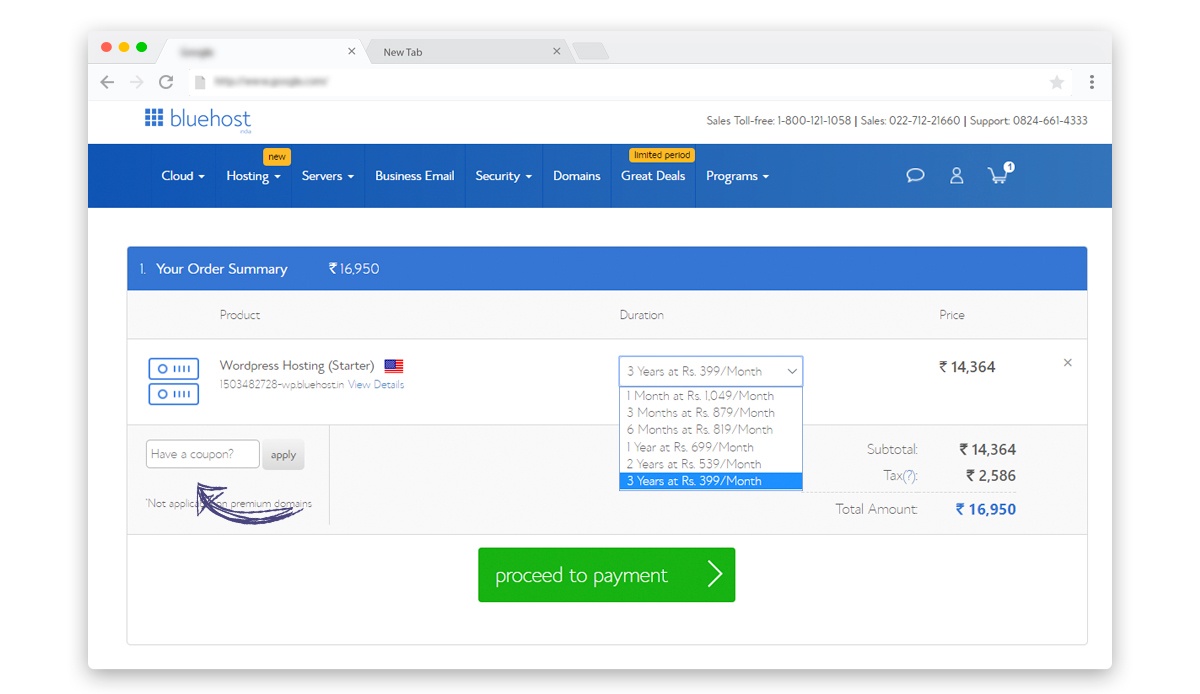 Bluehost India how to apply discount coupons