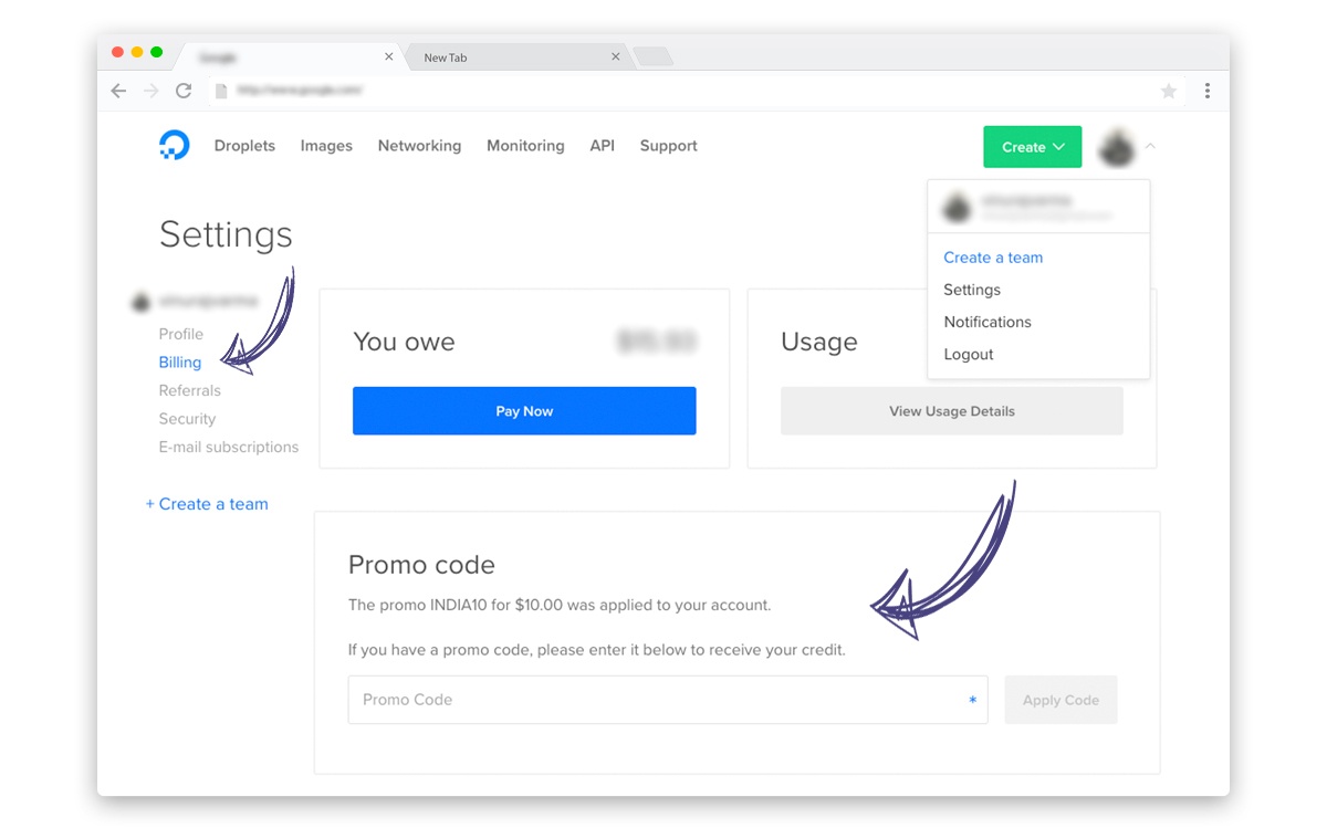 DigitalOcean how to apply discount coupons or promo codes