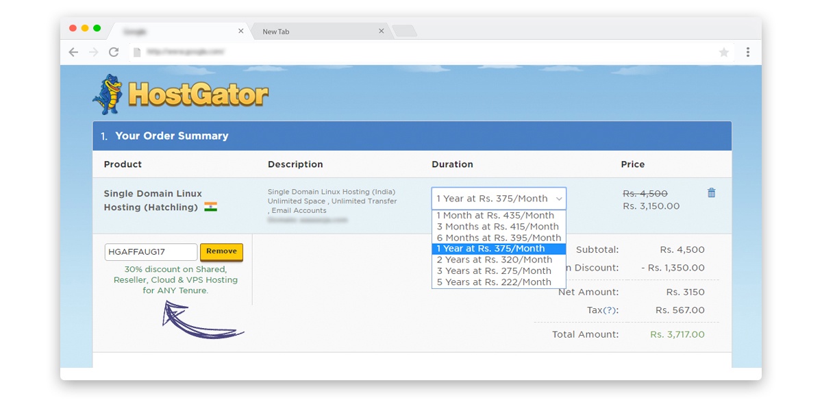 Hostgator India how to apply Discount Coupons