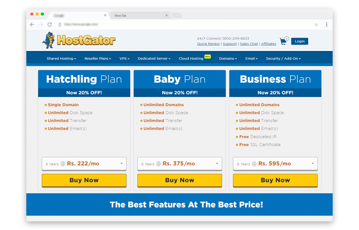 Hostgator India web hosting plans discount coupons